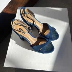 Blue Suede Block Heel Sandals with Ankle Strap